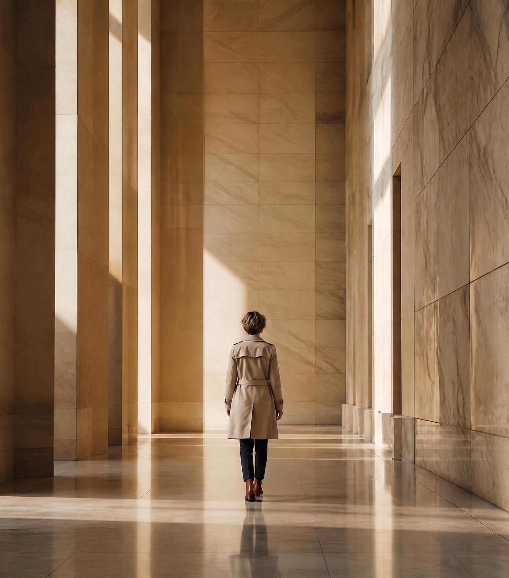 Executive figure walking through a grand sunlit marble corridor