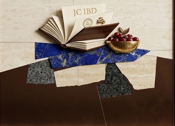 JC IBD Academy collage with open book, geometric marble and lapis forms, and a bowl of cherries